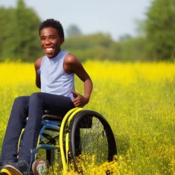 black boy joy, black teenage boy in wheelchair frolicking through a meadow with unrestrained happiness