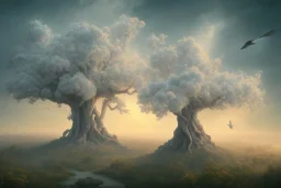 a beautiful digital painting of a marble tree entertwined in tumutluous clouds, intricate white branches and birds flying in the sunlight, blue sky at sunset, elegant, highly detailed, artstation, concept art, matte, sharp focus, art by tom bagshaw, kelogsloops and greg rutkowski