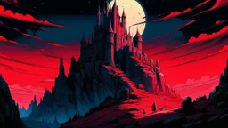 Render in vibrant comic style: a towering castle perched atop windswept cliffs, its jagged stone figure bathed in the cinematic crimson glow of a giant, imposing red harvest moon. Stars prickle the indigo sky, flickering witnesses as sinister shadows creep and coil through cobbled corridors and open arches. Integrating ominous undertones and dramatic contrasts, embody the castle's majestic allure and haunting mystery.