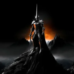 Sauron the mighty lord of darkness standing on a rock in the dark land of Mordor,A superhero MAN with infinite power and technology from the galactic race