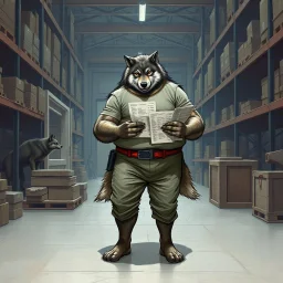 a fat anthropomorphic wolf-man wearing t-shirt pants and red belt around his waist looking at several item lists in his paws in a large warehouse, around some boxes and wooden crate, an another anthropomorphic wolf-man just half visible in the doorway as he looks at him, detailed, realistic, sci-fi, anthro mood, fantasy