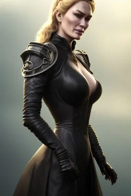 Cersei Lannister as evil queen in black leather, busty, cleavage, curvy, lena headay, angry, stern look. character design by cory loftis, fenghua zhong, ryohei hase, ismail inceoglu and ruan jia. unreal engine 5, artistic lighting, highly detailed, photorealistic, fantasy