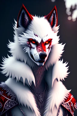 Feral, White fur, Werewolf, Red eyes, character, waist up portrait, oil on canvas, expert, insanely detailed, 4k resolution, cinematic smooth, intricate detail,