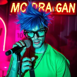 A MC performing at dance club, his name MC DRAGAN and looks crazy, crazy blue hair with Elvis Costello glasses. Neon lights and smog, MC DRAGAN SIGN ON WALL