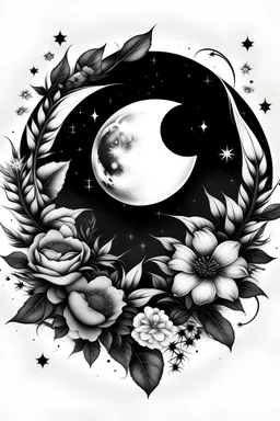 Realistic black and white digital Tattoo design of crescent moon against a night sky with stars framed by peonies, dahlias, And coffee arabica plant