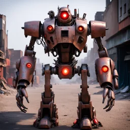 trash mech suit, human-sized, made of scrap metal, small, cockpit, light rust, round, red glowing eyes