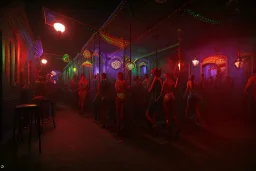 bar, New orleans , mardi gras, night time , unity, scriptable render pipeline , red tone, volumetric lighting.