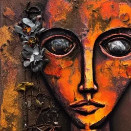 an abstract painting of rusted metal and flowers, sun set little goddess baby, rust, scaffolding, iron cladding, decay, mixed media, textured, anatomically correct, beautiful perfect face, sharp focus, highly detailed