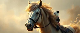 the high speed magical face of a fluffy horse with panda riders painted with Rembrandt