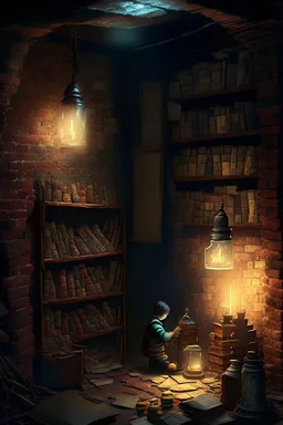 A dark, dingy brick dungeon, with a small shelf hanging on the back wall, containing vintage bottles of various sizes, and a lantern sitting on the floor, casting light on a pile of books with a young child studying