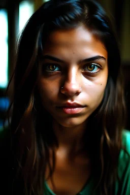 21 years old girl Skin between lightskin and brownskin Brasilian ethnicity Green eyes Very dark and straight hair photo inside the apartment girl
