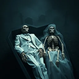 Hyper Realistic Center Top Angle Shot Of A Dead Married Couple (Man Skeleton In White Tuxedo & White Pant And Woman Skeleton In White Bride Gown) Both Lying In A Coffin With Their Skeletons, in A Spooky Cemetery At Dark Foggy Night Showing Dramatic And Cinematic Ambiance.