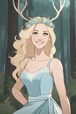 Woman in thirties with blonde hair and antlers, wearing cream-colored and light blue dress, smiling, forest background, RWBY animation style