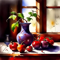 watercolor ,still life with a painted Chinese vase, red peppers and eggplants in the diffused atmosphere with lights and shadows in the kitchen,