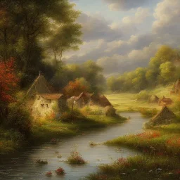 a beautiful and warm painting of a landscape country river france fields by jerome bosh