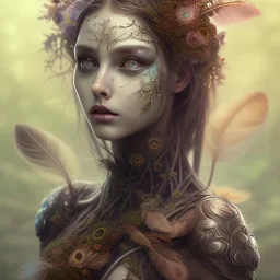 Portrait of beautiful girl, plant, metal, feathers, Dryad, fae, sidhe, ominous, nature, plants, wildflower, facepaint, dnd character portrait, intricate, oil on canvas, masterpiece, expert, insanely detailed, 4k resolution, retroanime style, cute big circular reflective eyes, cinematic smooth, intricate detail , soft smooth lighting, soft pastel colors, painted Renaissance style,sharp fucus, bokeh,macro lens, 1500mm lens