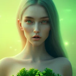 eve, garden of eden, green, beautiful, hyperrealism, masterpiece, expert, cinematic lighting, sharp focus, 8K, pastel, macro lens, young woman, detailed, flower, cute,cleavage, bright sunshine, dramatic low-key neon lighting