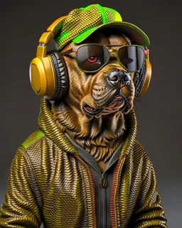 Perro Pastor Alemán with jacket, cap, dark glasses and headphones, ultra quality, hyper realistic, 3k 8D