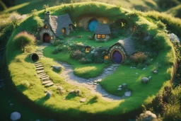 [Shattered Image of the Shire by multiple bands of collage, distorted colours, double exposed by JRR Tolkien (1970)] Miniature roundish cozy hobbit house hole of the Shire tilt-shift