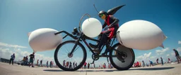 pinhole cam, airbrush 3d rendering, big tics and a cyberpunk robot The ninja priest Mantis ballooner, huge mech 🦗🥊 A bizarre upright bicycle-creature, front wheel replaced by articulated mantis-like arms carrying enormous inflatable pillows, looking far too serious about complying with official pillow-fighting regulations.