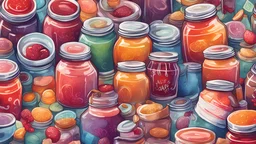 a digital illustration of an imaginative concept: jars of various types of jam being used instead of money, colorful, whimsical, surreal, fantasy, creative, vibrant, playful, still life, alternative currency, food art, unique economy, hand-drawn style, detailed, medium close-up, high resolution, trending on Instagram, eye-catching, thought-provoking