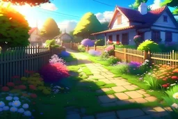 Create an inviting front yard with colorful flowers, a charming pathway, and a cutesy picket fence. Infuse subtle eerie elements, like flowers wilting in an otherworldly manner or fleeting glimpses of shadowy figures that vanish upon closer inspection. anime visual novel style