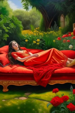 Oil painting Princess lying in the middle of a garden On a sofa and a red cover that covers her body from below only