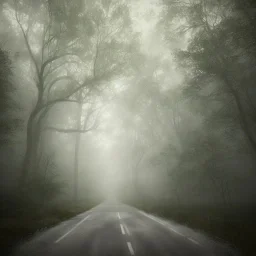 long road in the middle of the forest, with fog, cloudy day with rain, distant old church