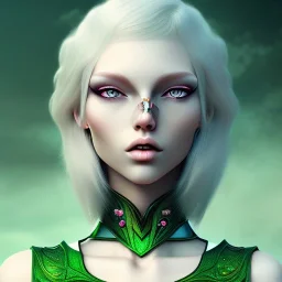 fantasy setting, redhead with white hair locks, green eyes