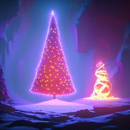 Christmas tree inside a volcano with donuts on the tree, hyper realistic, photography, rays, amazing lighting