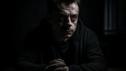In the photo, we see a man sitting in the dark, looking at the camera with a cold gaze. The man is dressed in black and seems uninterested in what is going on around him.