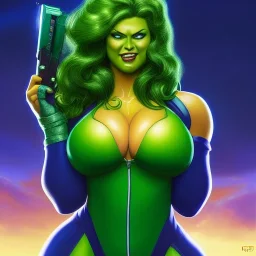 ultra detailed fullbody portrait of beautiful busty She-Hulk , wearing skintight Green costume, extremely detailed digital painting, intrincate, extremely detailed smiling face,crystal clear Big Blue eyes, in the style of Adam Hughes , mystical colors , perfectly centered image, perfect composition, rim light, beautiful lighting,8k, stunning scene, raytracing