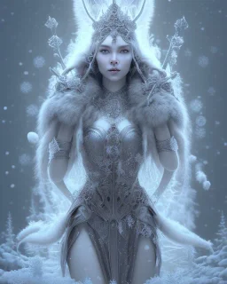 gorgeous goddess of winter with an elaborate ice crown and a beautiful gray wolf, 8k resolution, centered, high-quality, fine-detail, iridescent, intricate, digital art, detailed matte, volumetric lighting, beautiful, illustration, 3D octane render, margaret weiss, brian froud, howard lyon, selina french, anna dittmann, annie stokes, lisa parker, greg rutowski,