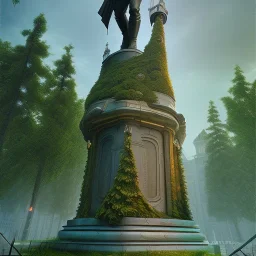 Monument, city centre, statue of human on top, overgrown, realistic, highly detailed