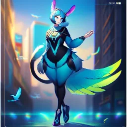 A bird fursona, Furry art, Digital art, cyberpunk, High quality, Backlighting, female, anthropomorphic, full body portrait, 8k resolution, bird tail, Realistic, high quality, great details, within portrait, masterpiece, best quality, detailed outfit, vibrant colors, perfect eyes, feathery, human body, robotic arm, sfw, highly detailed face, perfectly drawn