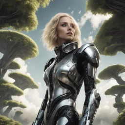 Wide-angle photo of a slim sci-fi woman with blond hair, wearing a silver and black futuristic android-like spacesuit, standing on an alien cloud tree jungle planet