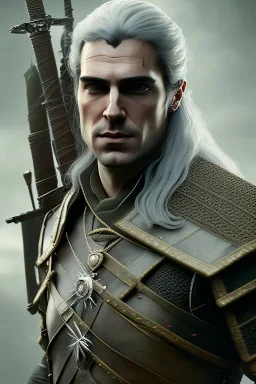 Henry cavil face, yellow eyes, long white hair, wearing The witcher 3, realistic, 4k, intricate, best quality, fog particles, fire particles, octane render, vray, sword fire