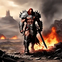 once a flourishing field, now reduced to burned ruins, fumes of death hung heavy in the air. Amidst the devastation, an enraged red Barbarian, a towering figure of wrath and fury, thundered across the desolate landscape. His eyes blazed with a primal rage as he sprinted towards a lone paladin, clad in chrome steel plate armor, a beacon of light amidst the darkness.