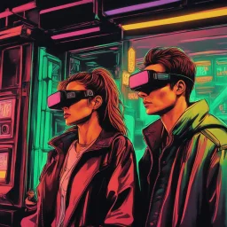 street photography of a man and woman, night time, cyberpunk neon lights, 16mm , perfect photography, 1980's,vhs footage,wearing futuristic VR,low light,shot by jvc gr-sz7,glitch,back to the future