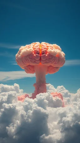 nuclear explosion cloud, the top is crossed with a human brain and eyes