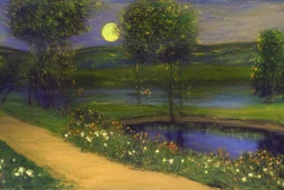 Night, moon, pathway, trees, grass, flowers, pond, distant mountains, distant trees, philip wilson steer impressionism painting