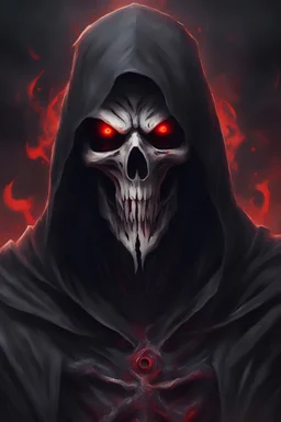 God of death looking like reaper make it darker, face with red eyes with voice of metal type