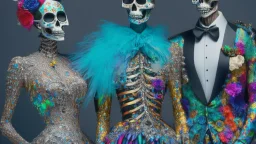 Surreal Painting Entitled "Homo Consumerist"; A Partially Skeletonized Celebrity Couple Wearing Haute Couture Made Out Of Bits And Pieces Of Colorful Items From The Mysterious Depths Of A Bird's Nest.