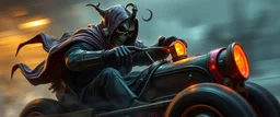 Bruflat ghost train gokart illithid crusader with gloves bewildered looks beyond really powerful, fantasy illustration in the style of Rembrandt, motion blur background