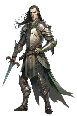 d&d high elf knight male in his twenties wearing medieval armor with hands behind her back