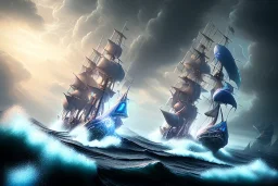 [Sea Elf] [Maormer] Hero Queen with [white hair] and [blue skin] Looking upon the ocean from her [ship] with crew in the storm. [fantasy] [realism] [Elder scrolls]