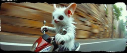 3d airbrush render, white fluffy gnome native panda elf alien dodo on insane fast scooter, pinhole cam, airbrush 3d rendering, in the style of Titian and Dali , torn edges on border
