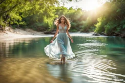 beautiful girl in pretty dress walking in water toward camera in trees next to wavy river with clear water and nice sands in floor.camera capture from her full body front