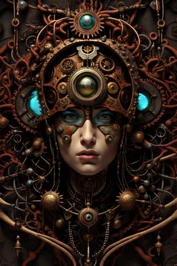 Expressively detailed and intricate 3d rendering of a hyperrealistic “steampunk lotus”: front view, symetric, dripping colorful paint, tribalism, ethnic ornaments, shamanism, cosmic fractals, dystopian, dendritic, stylized fantasy art by Kris Kuksi, mati klarwein, artstation: award-winning: professional portrait: atmospheric: commanding: fantastical: clarity: 16k: ultra quality: striking: brilliance: stunning colors: amazing depth: masterfully crafted.