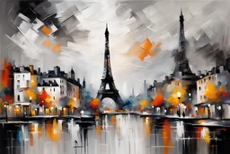 abstract oil painting: city skyline buildings, Paris. gray-white-black Canaletto artistic style, dateled in HD, Afremov, colorful in Kal Gajoum style